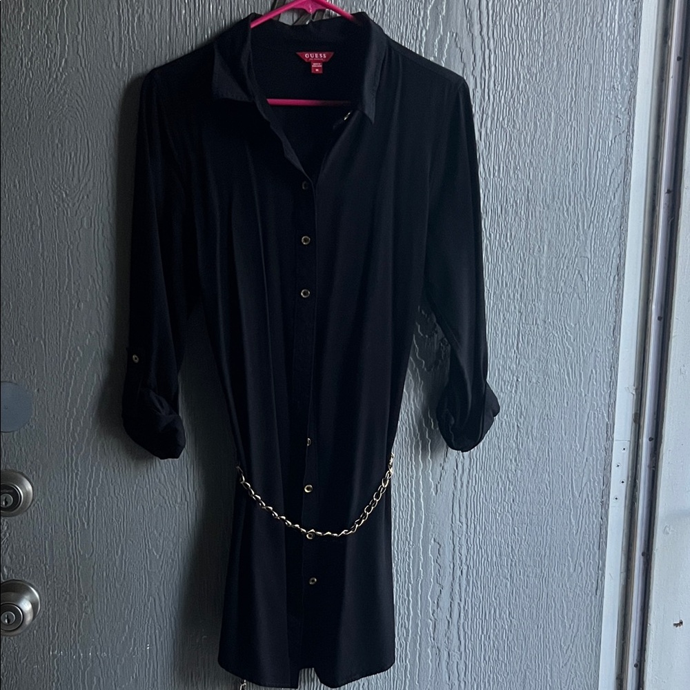 Guess Elegant Black Long Sleeve Dress with Gold Chain